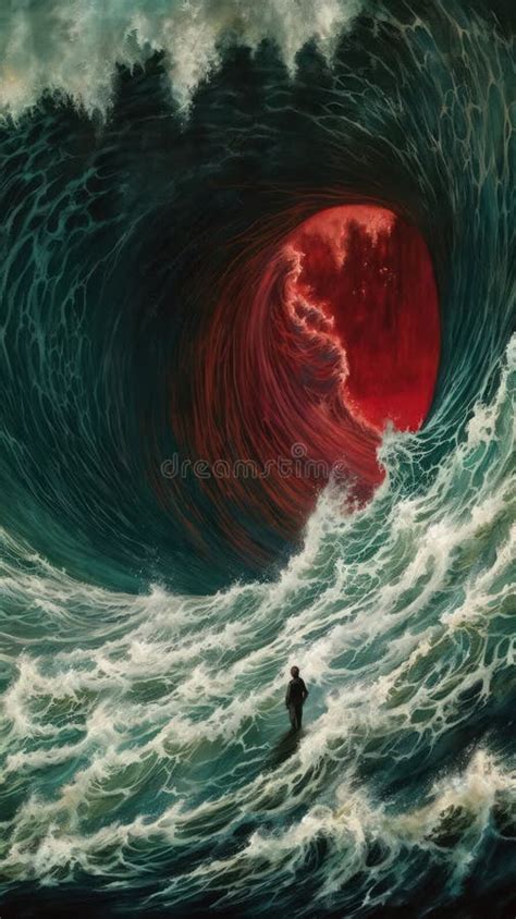 Macabre Illustration Of A Person Confronting A Beautiful Giant Wave