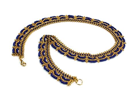 Blue And Gold Necklace Seed Bead Necklace Statement Beaded Etsy