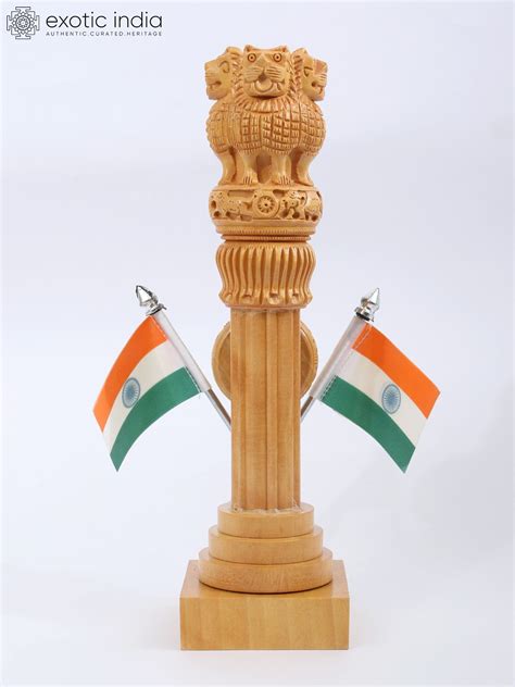 Wooden Ashoka Stambh With Double Flags And Clock Table Piece