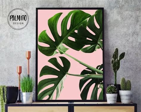 L Mina Imprimible Para Cuadro Hojas Tropicales Monstera Rosa En Venta