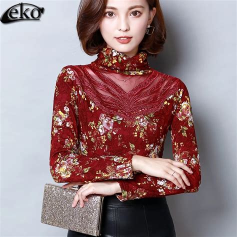 Elegant Lace Blouse Feminine Autumn Winter Blouse Female Thick Velvet