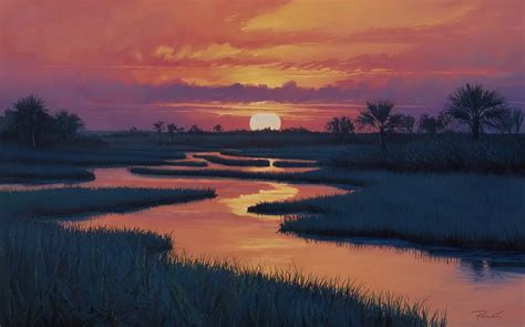 Serene Lowcountry Marsh Sunset Painting With Fiery Sky And Heron