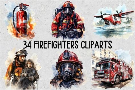 Watercolor Firefighters Clipart Set Different Designs