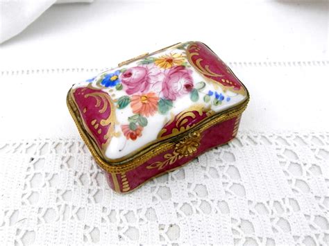 Small Vintage Hand Painted Porcelain Pill Box With Floral Pattern And