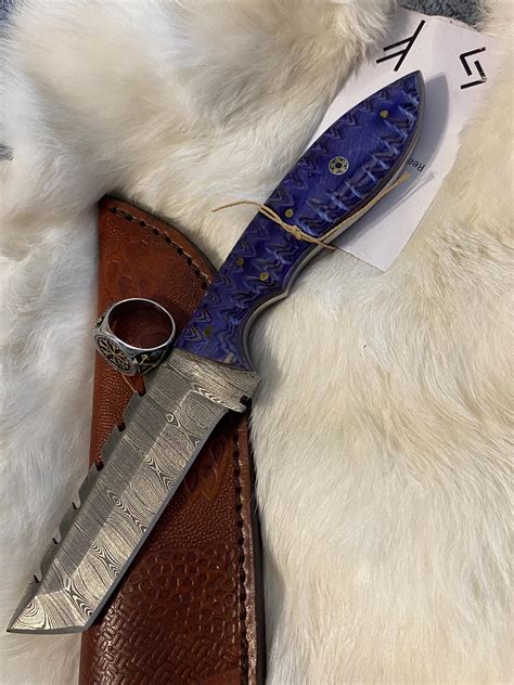 japanese style tanto knife  rustic steel blade  wood handle red