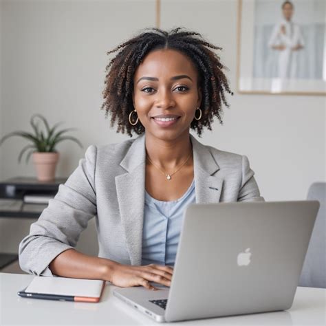 Premium Photo A Woman Sits At A Desk With A Laptop And A Pen In Front