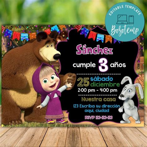 Descarga inmediata de las invitaciones de cumpleaños de Masha y el oso