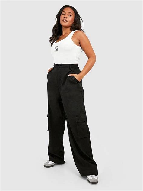 Boohoo Plus Plus High Waisted Straight Leg Cargo Pants Black Uk