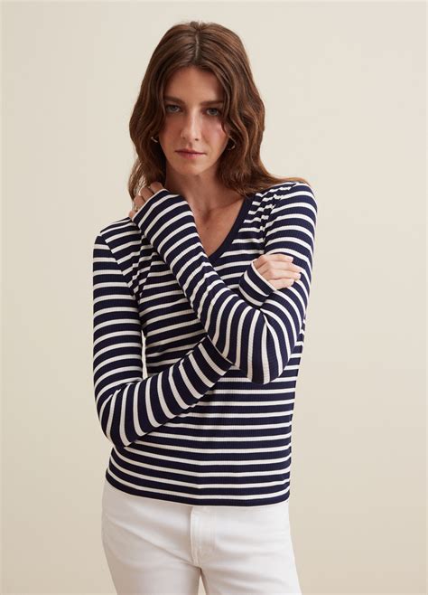 Womans White Blue Long Sleeved Striped T Shirt Piombo