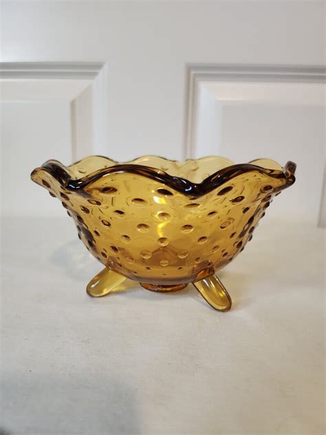 Amber Hobnail 3 Footed Glass Candy Dish With Scalloped Edges Etsy