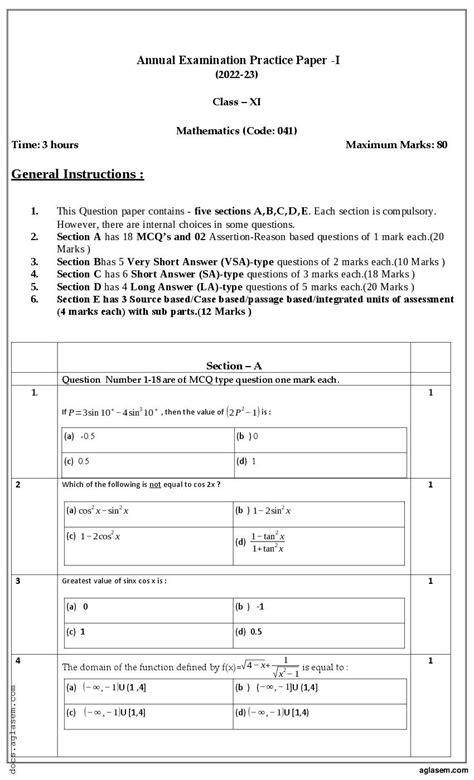 Class 11 Maths Sample Paper 2023 Download Annual Exam Term 2