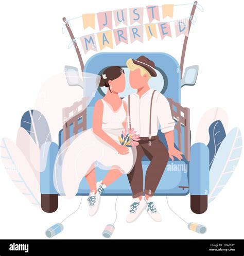 Just Married Couple In Car Flat Color Vector Faceless Characters Stock