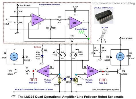 The LM324 Quad Op Line Follower Robot With Pulse Width Modulation