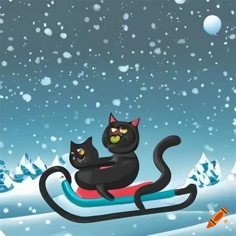 Cartoon Art Of A Black Cat Sledding In The Snow