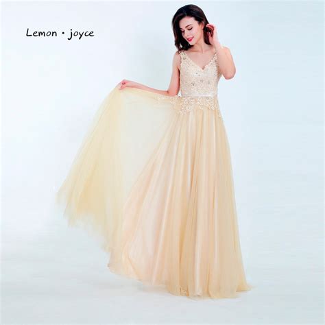 Lemon Joyce Light Champagne Prom Dresses 2020 Sexy Tank V Neck Backless