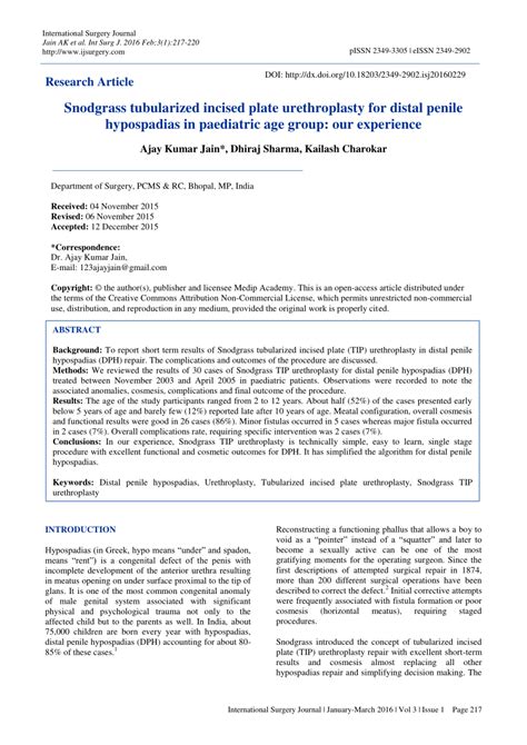 Pdf Snodgrass Tubularized Incised Plate Urethroplasty For Distal Penile Hypospadias In