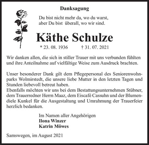 Traueranzeigen von Käthe Schulze abschied nehmen de