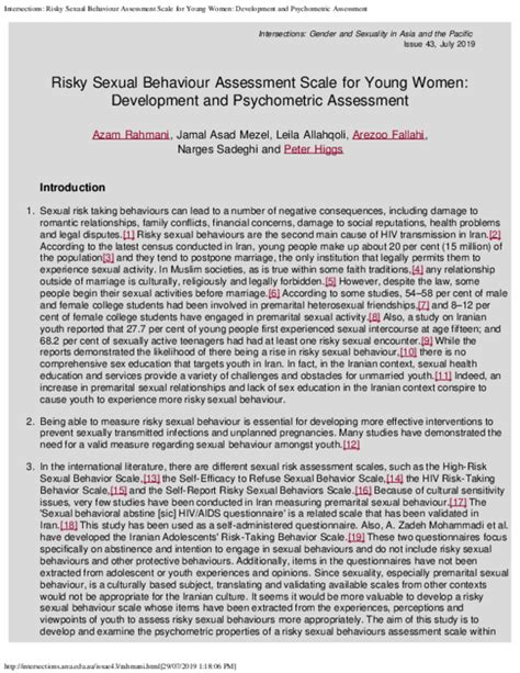 Pdf Risky Sexual Behaviour Assessment Scale For Young Women Development And Psychometric