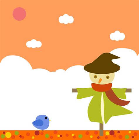 Cartoon Cute Autumn Landscape With Scarecrow And Bird Beautiful Sunset