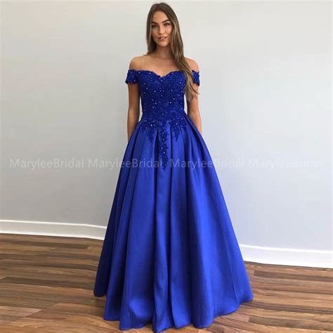 Princess Royal Blue Satin Prom Dress Beaded Appliques Off Shoulder