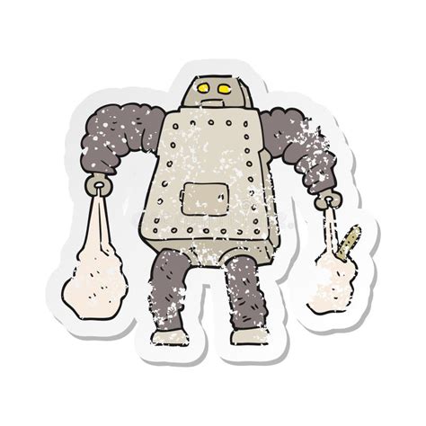 Pegatina Retro Angustiada De Un Robot De Dibujos Animados Que Lleva