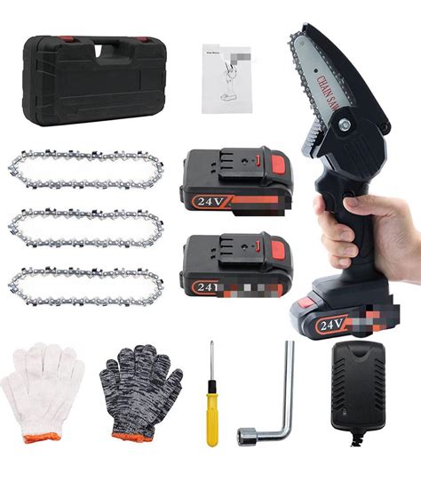 80 Cordless 4 Inch Electric Portable Handheld Chainsaw With 2 Batteries 3 Chains 2 Gloves