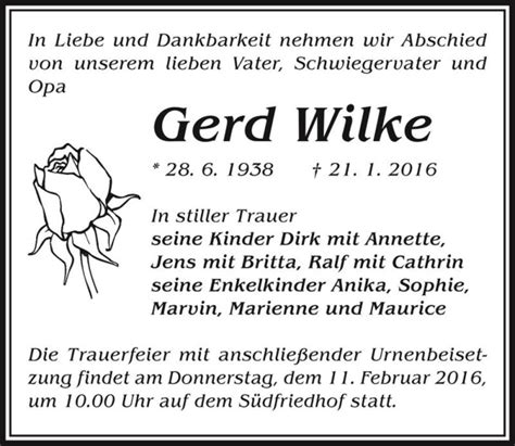 Traueranzeigen Von Gerd Wilke Abschied Nehmen De