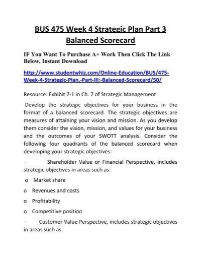 BUS 475 Week 4 Strategic Plan Part 3 Balanced Scorecard UOP Online