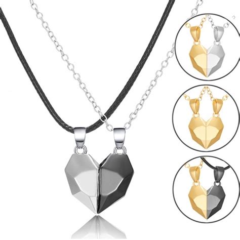 2pc Magnetic Couple Lover Heart Pendant Distance Faceted Couple Magnet Necklace T Best