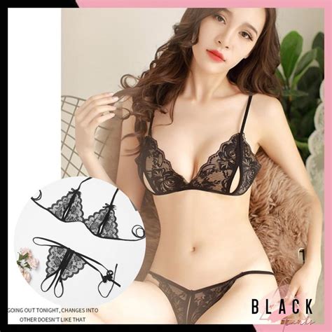 Jual Blackpink Lingerie Set Bra Dan G String Transparant Pita Bunga