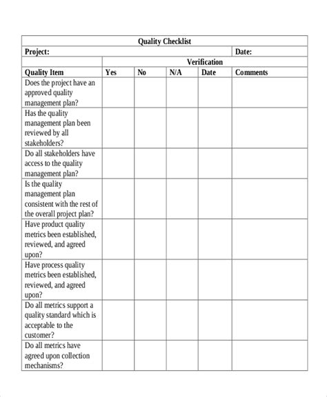 Quality Checklist 11 Examples Format Pdf