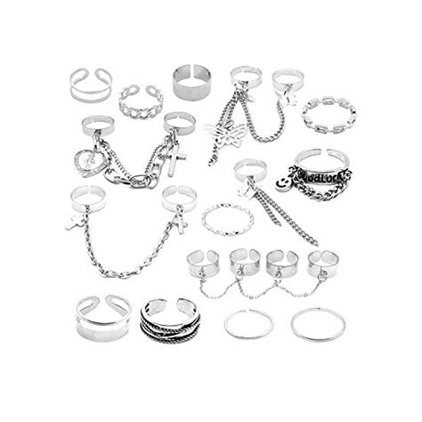 Gothic Punk Chain Finger Rings Set 17pcs Adjustable Stackable Vintage