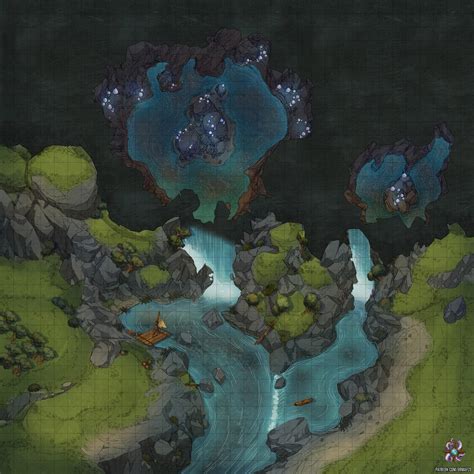 OC Art Hidden Waterfall Cave Battle Map 35x35 R DnD