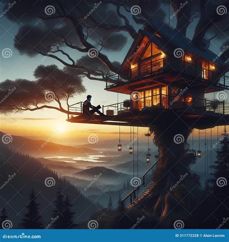 Man Treehouse Sunset Royalty Free Stock Image