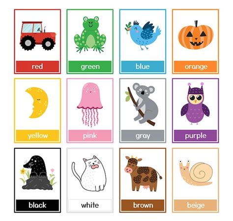 Premium Vector | Color flashcards set with cute animals Color names and ...