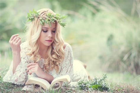 Nature Model White Dress Books Wreaths Women Outdoors Long Hair Blonde Reading Grass