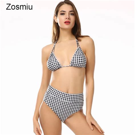 Zosmiu 2018 New Sexy Plaid Bikinis Women Swimsuit High Waist Push Up