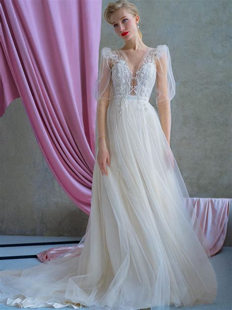 A Line Wedding Gown With Puff Sleeves