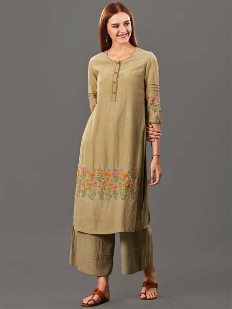 Olive Green Embroidered Cotton Silk Kurta With Flared Palazzo Set Of