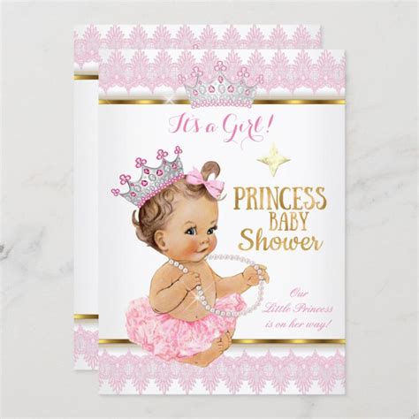 Princess Girl Baby Shower Pink Gold Tutu Brunette Invitation Zazzle