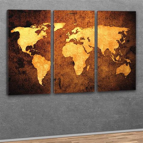 Kunstdruck 3 Teilige Leinwand Weltkarte Im Bronze Design