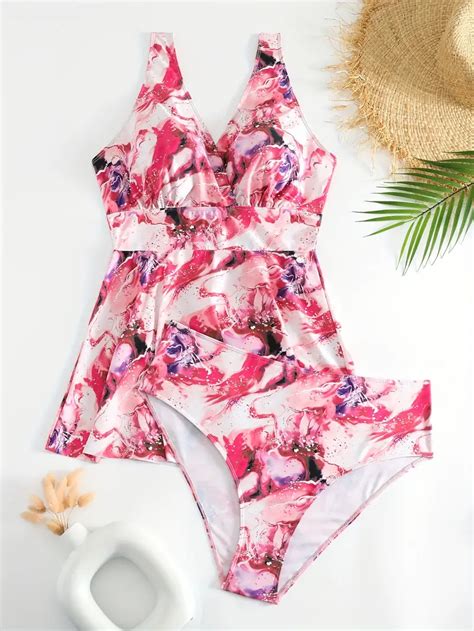 Vacay Tankini Set Plus Size Womens Plus Marble Print Temu Canada