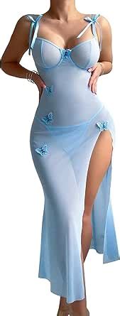 Amazon Foxiny Sexy Butterfly Split Leg Underwire Sheer Mesh Maxi Lingerie Dress With Thong