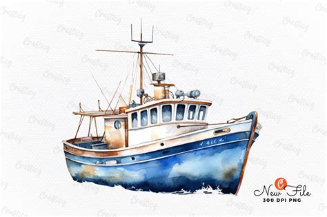 Retro Fishing Boat Watercolor Clipart Graphic By Crafticy Creative