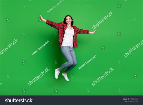 Full Length Profile Photo Brunette Hooray Stock Photo