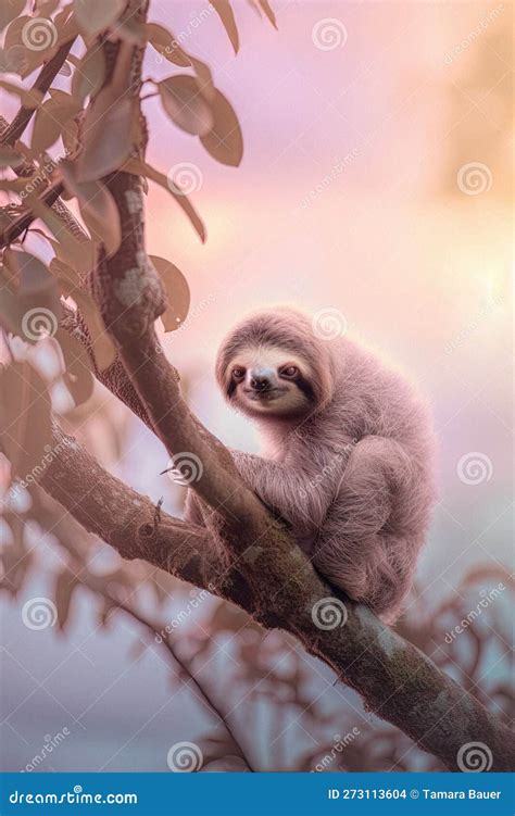 Adorable Baby Sloth Clinging To A Tree In The Forest Stock Illustration