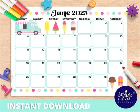 June Calendar 2023 Instant Download Monthly Planner Digital Calendar