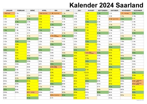 Kalender 2024 inkl Ferien für das Saarland Feiertage pdf xls und