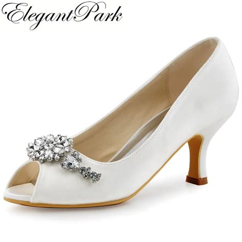 Hp1541 White Ivory Women Wedding Shoes Med Heel Crystal Peep Toe Satin