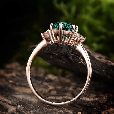 Three Stone Emerald Engagement Ring Rose Gold 14k 18k Emerald Etsy